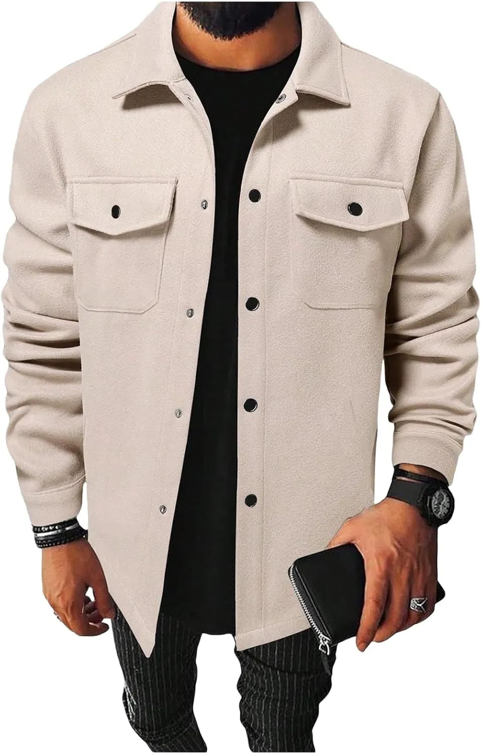 Trench Coat Men Fleece Mid Length Casual Jackets Button Down Plus Size Solid Outwears Fall Winter Windproof Outfits