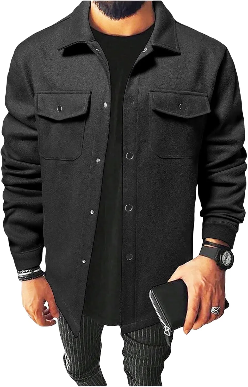 Trench Coat Men Fleece Mid Length Casual Jackets Button Down Plus Size Solid Outwears Fall Winter Windproof Outfits