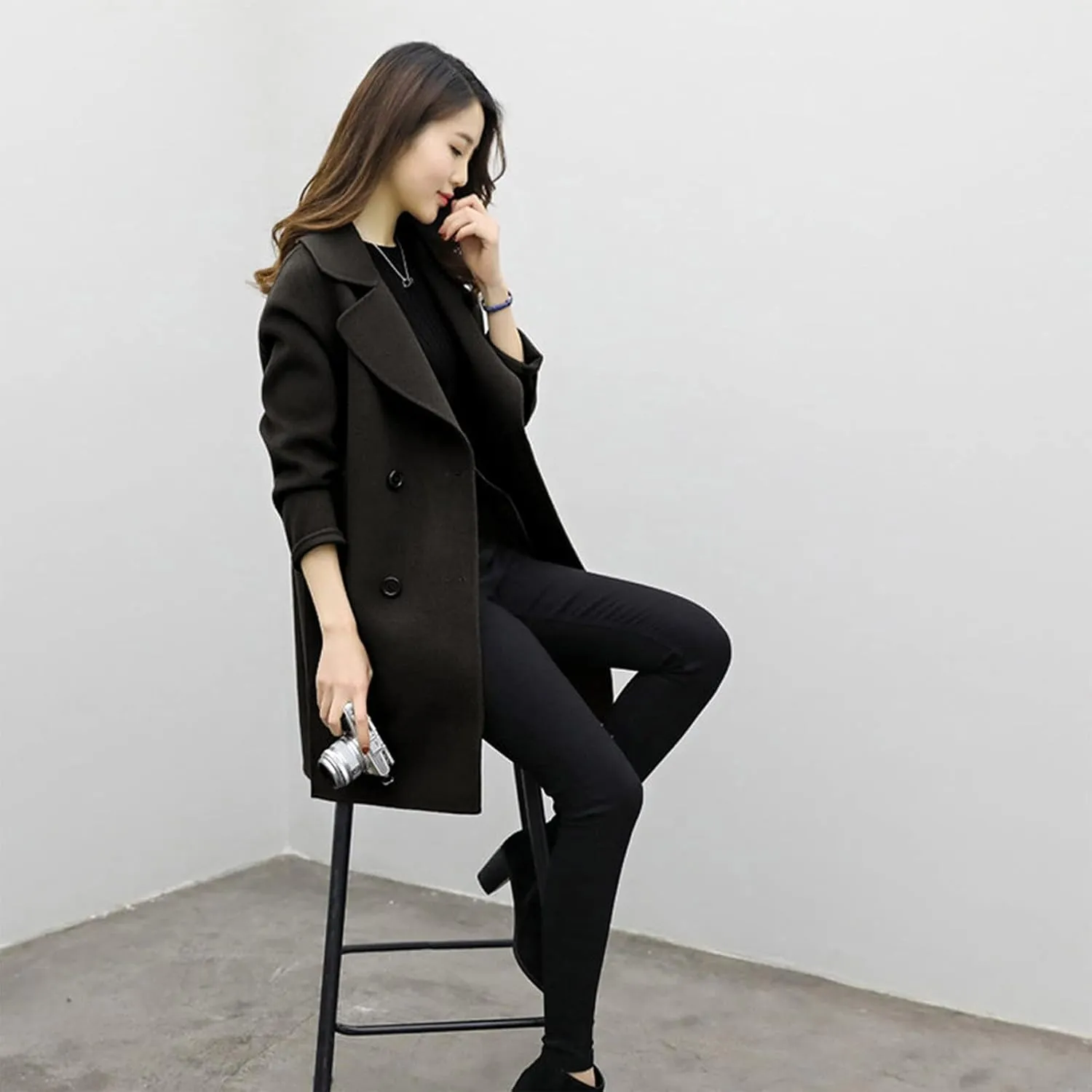Trench Coats for Women Wool Blend Double Breasted Notched Lapel Collar Pea Coat Side Split Business Casual Outerwear