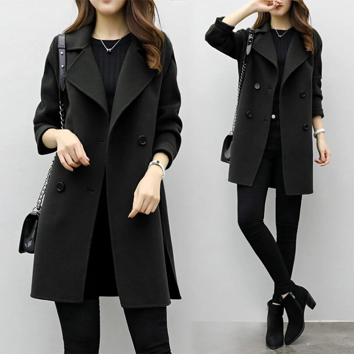 Trench Coats for Women Wool Blend Double Breasted Notched Lapel Collar Pea Coat Side Split Business Casual Outerwear
