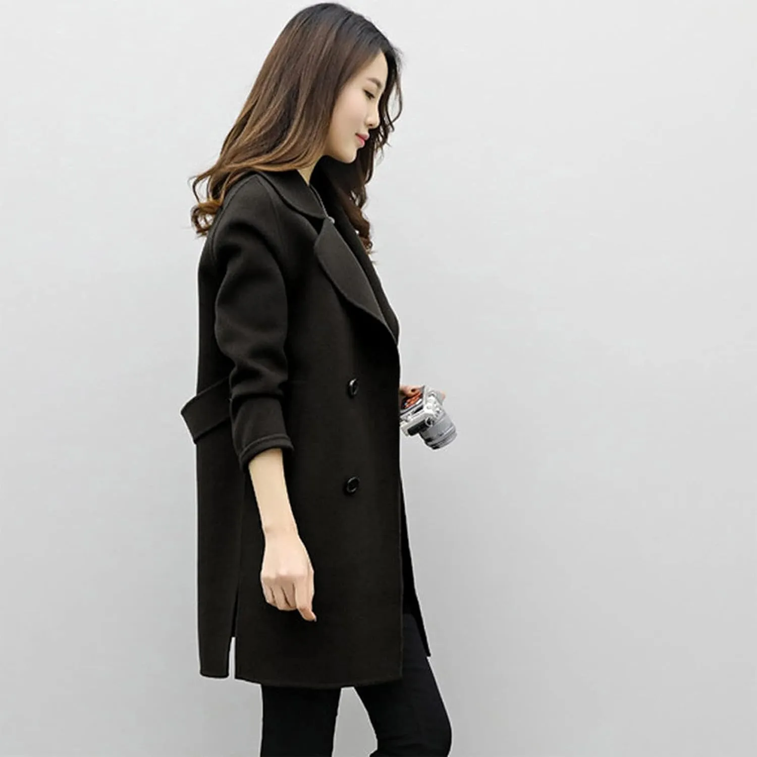 Trench Coats for Women Wool Blend Double Breasted Notched Lapel Collar Pea Coat Side Split Business Casual Outerwear