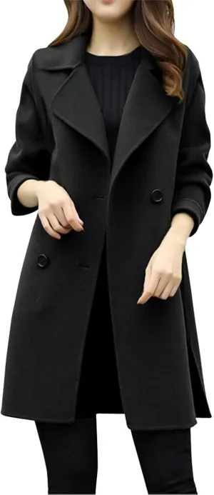 Trench Coats for Women Wool Blend Double Breasted Notched Lapel Collar Pea Coat Side Split Business Casual Outerwear