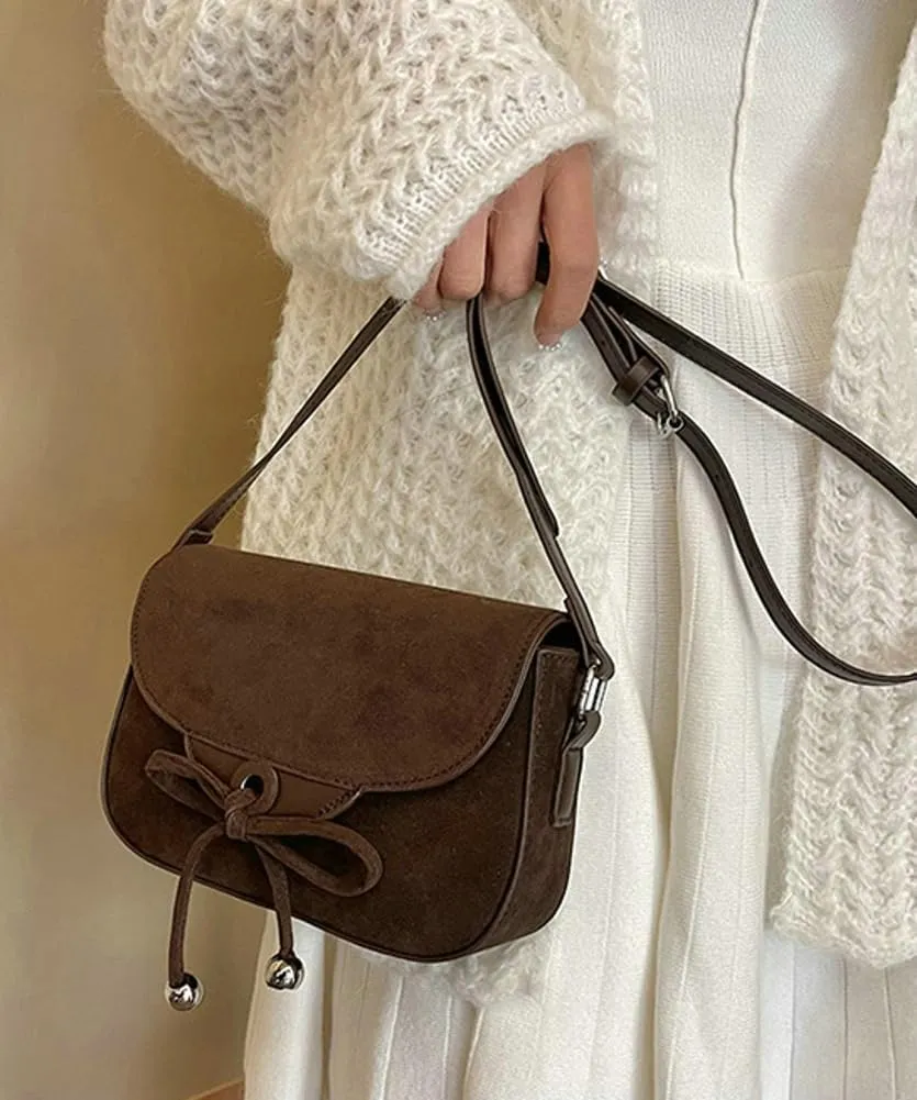 Trendy Suede Bow Crossbody Bags for Women Brown Retro Square Handbag Small Saddle Bag Suede Satchel Bag