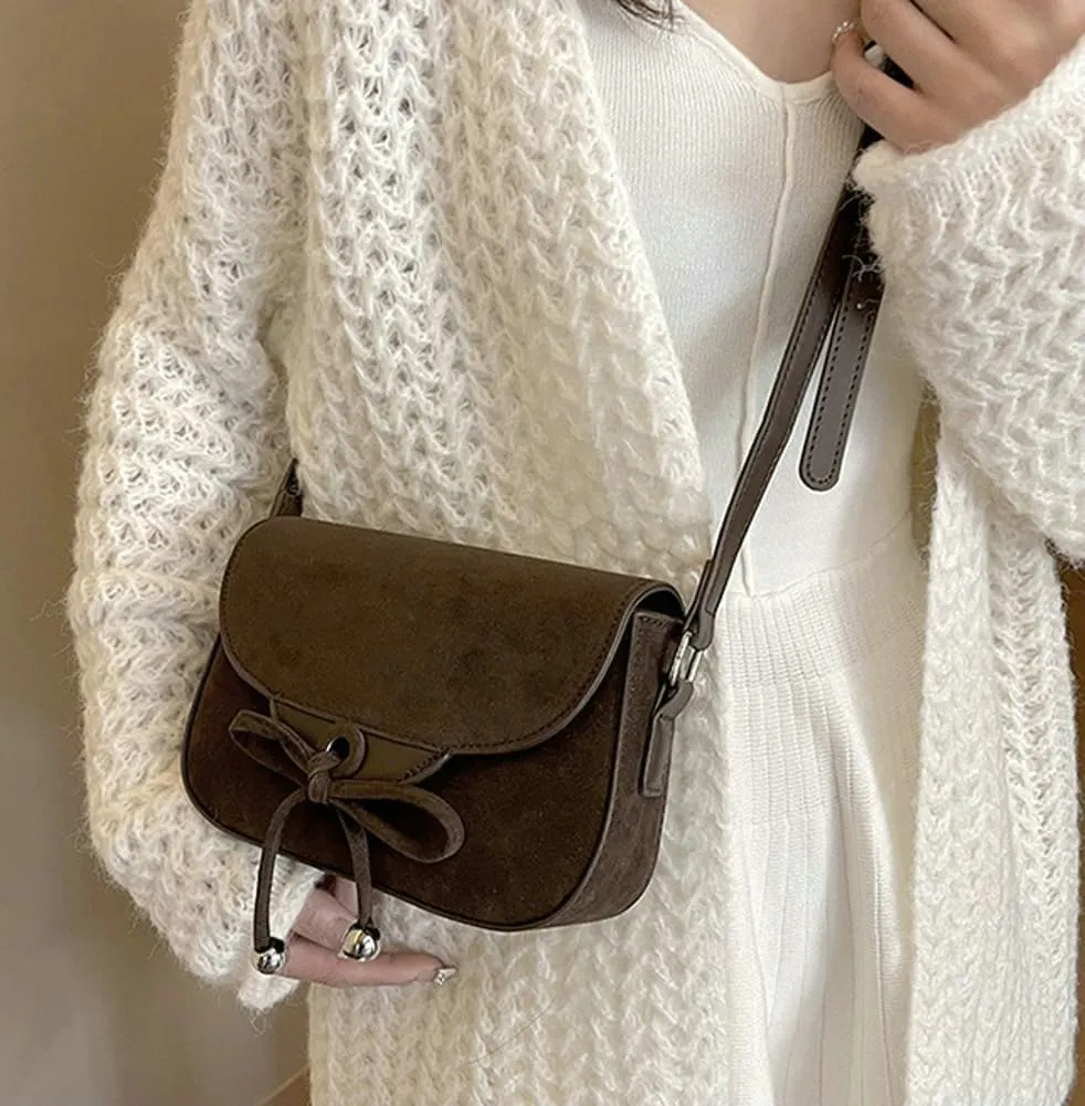 Trendy Suede Bow Crossbody Bags for Women Brown Retro Square Handbag Small Saddle Bag Suede Satchel Bag