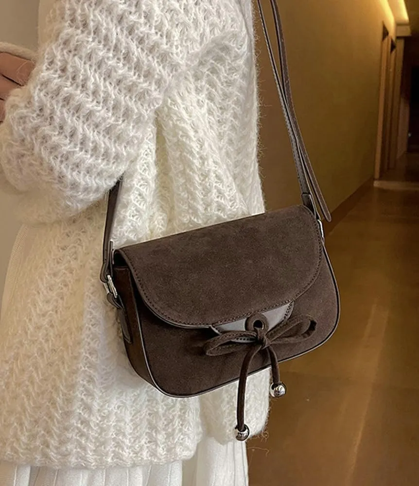 Trendy Suede Bow Crossbody Bags for Women Brown Retro Square Handbag Small Saddle Bag Suede Satchel Bag