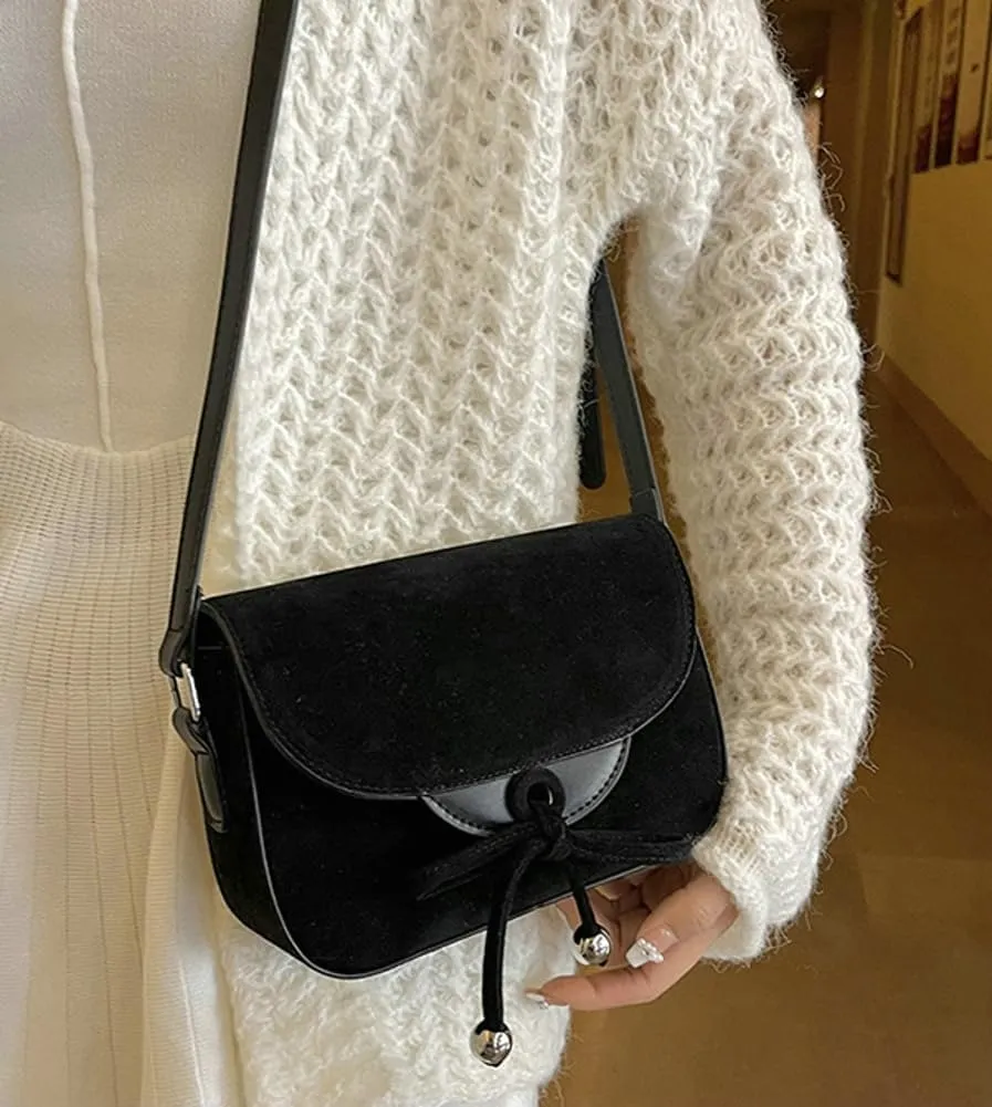 Trendy Suede Bow Crossbody Bags for Women Brown Retro Square Handbag Small Saddle Bag Suede Satchel Bag