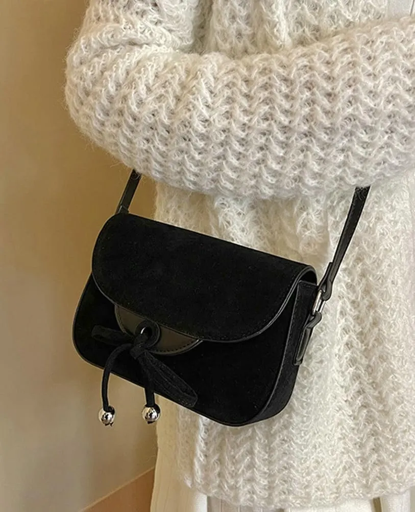 Trendy Suede Bow Crossbody Bags for Women Brown Retro Square Handbag Small Saddle Bag Suede Satchel Bag