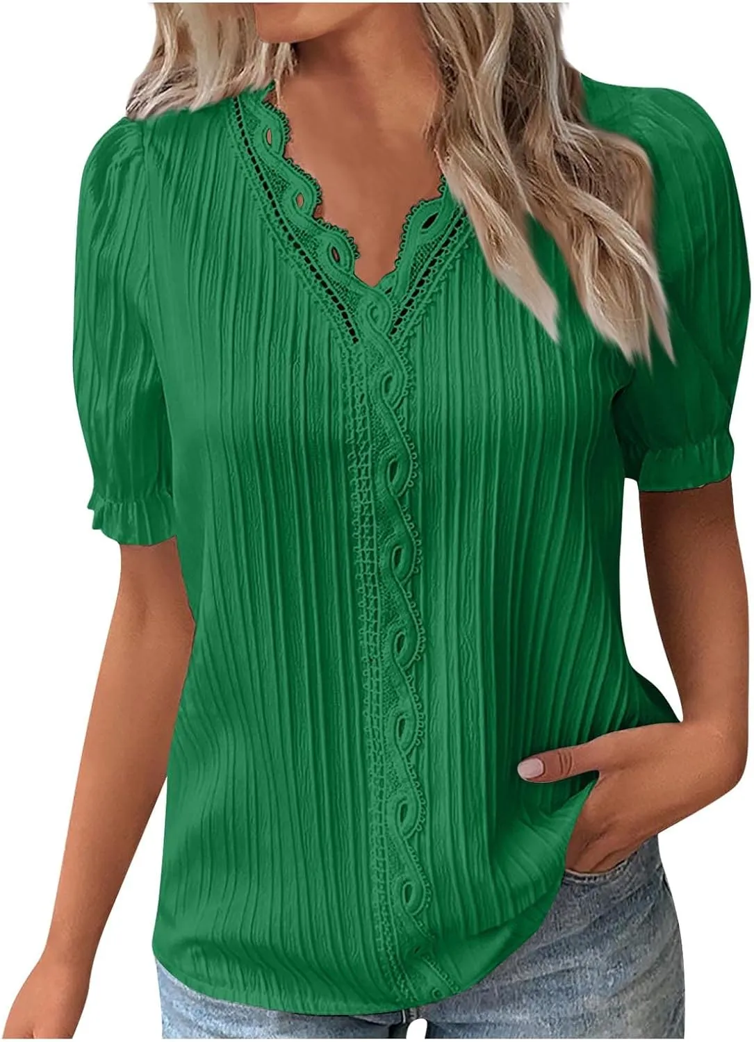 Tunic Tops for Women Casual Spring Womens Lace V Neck Puff Short Sleeve Pleated T-Shirts Summer Tops Tunic Blouse