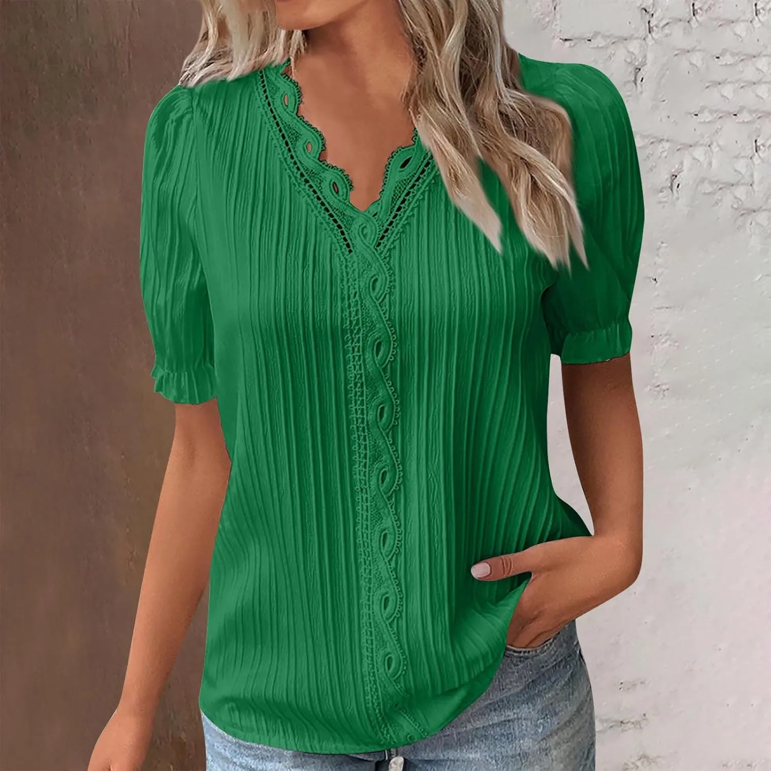 Tunic Tops for Women Casual Spring Womens Lace V Neck Puff Short Sleeve Pleated T-Shirts Summer Tops Tunic Blouse
