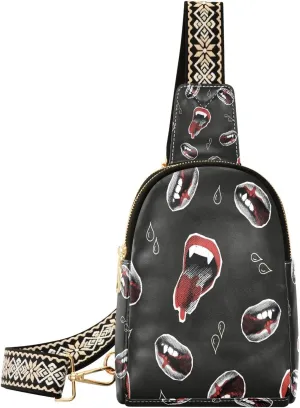 Vampire Red Lips Fanny Pack Crossbody PC Leather Small Sling Bag for Women Dripping Blood Halloween Fashion Waist Packs Chest Bag for Travel Sports Running Hiking