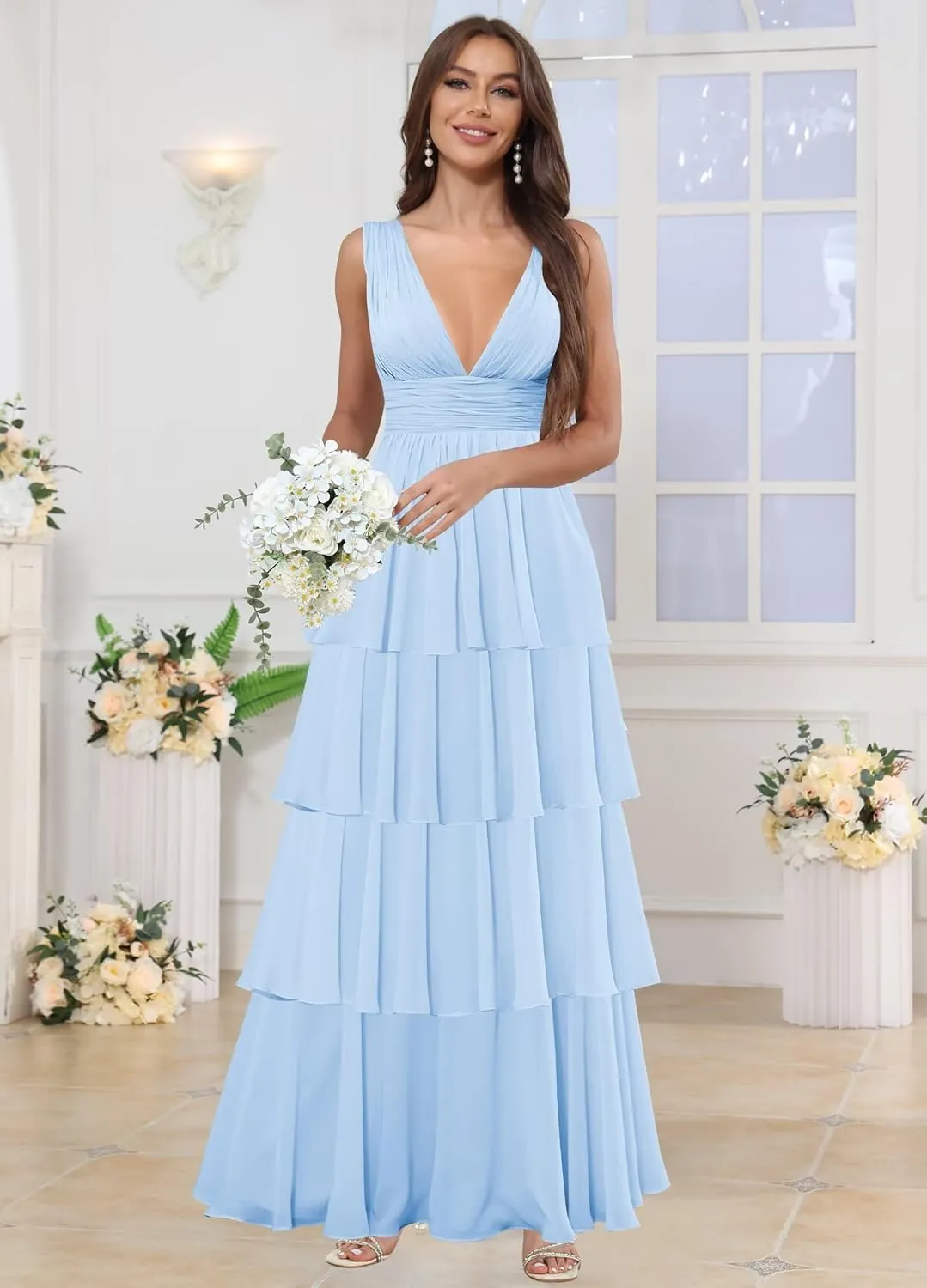 VCCICANY Chiffon Bridesmaid Dresses for Women 2025 V Neck Tiered Ruffle Prom Dress Long Formal Evening Gowns