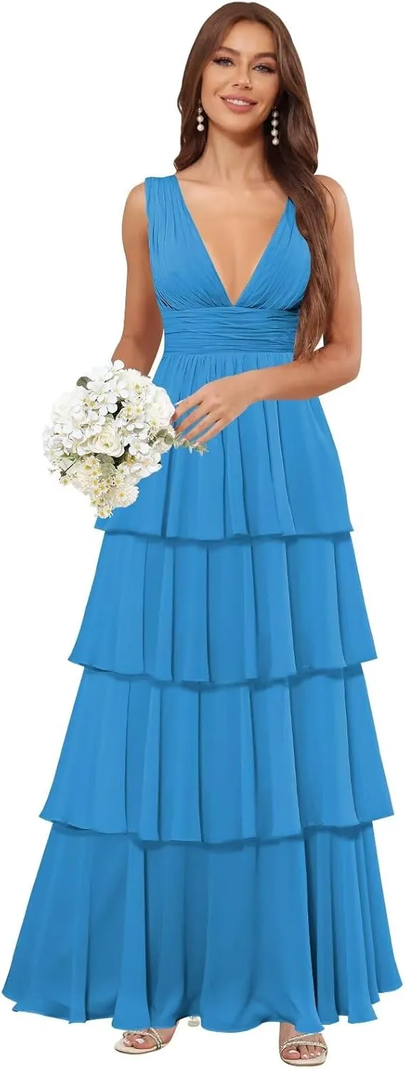 VCCICANY Chiffon Bridesmaid Dresses for Women 2025 V Neck Tiered Ruffle Prom Dress Long Formal Evening Gowns