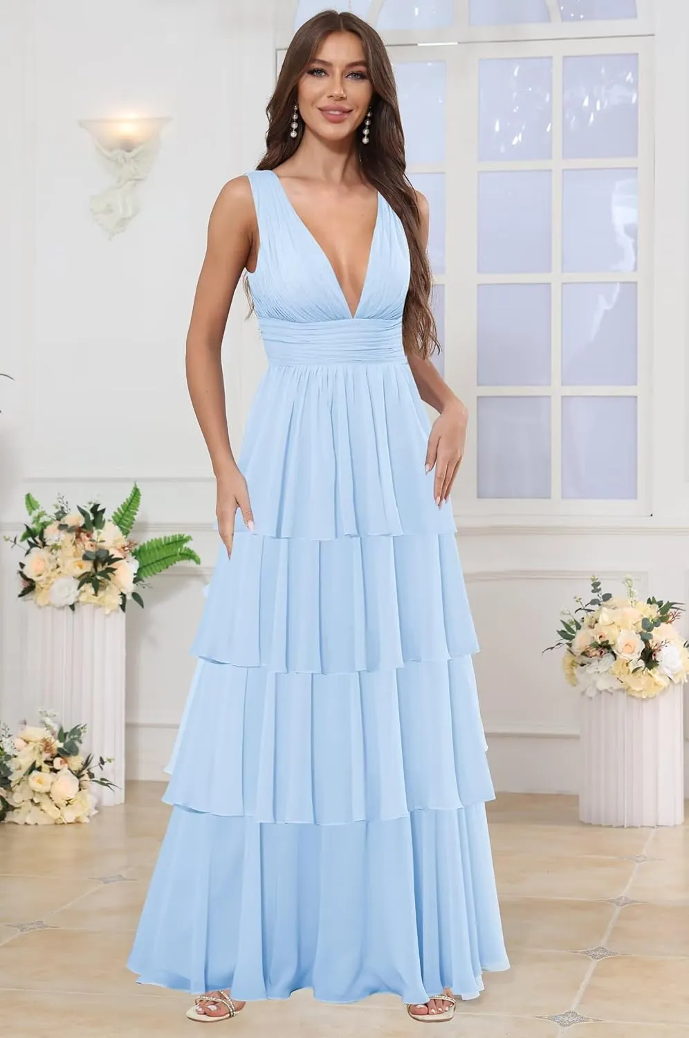 VCCICANY Chiffon Bridesmaid Dresses for Women 2025 V Neck Tiered Ruffle Prom Dress Long Formal Evening Gowns