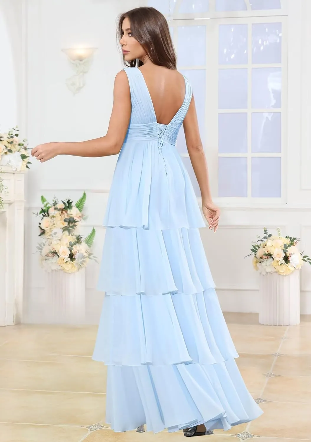VCCICANY Chiffon Bridesmaid Dresses for Women 2025 V Neck Tiered Ruffle Prom Dress Long Formal Evening Gowns