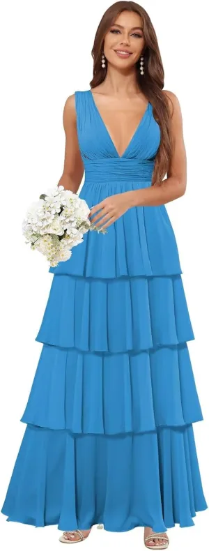 VCCICANY Chiffon Bridesmaid Dresses for Women 2025 V Neck Tiered Ruffle Prom Dress Long Formal Evening Gowns