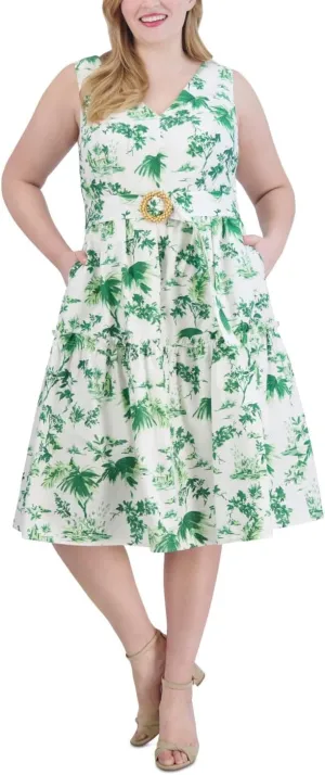 Vince Camuto Plus Size Floral Print Cotton Midi Dress, Sleeveless, White and Green, Belted, Size 20W