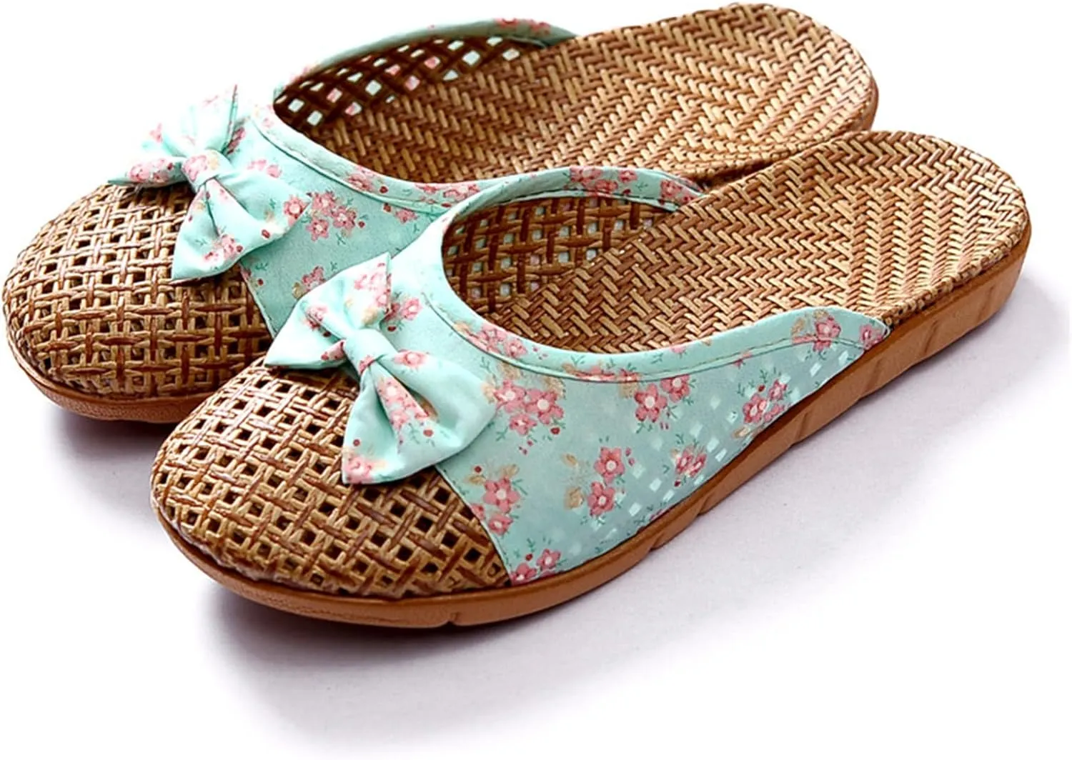 Vine Grass Linen Flax Woven Tatami Anti Slip No Slip Non Skid Breathable Sweat Wicking Bamboo Summer Slide Sandals Closed Toe Indoor Slippers for Women Men Grass Mat Rubber Soles