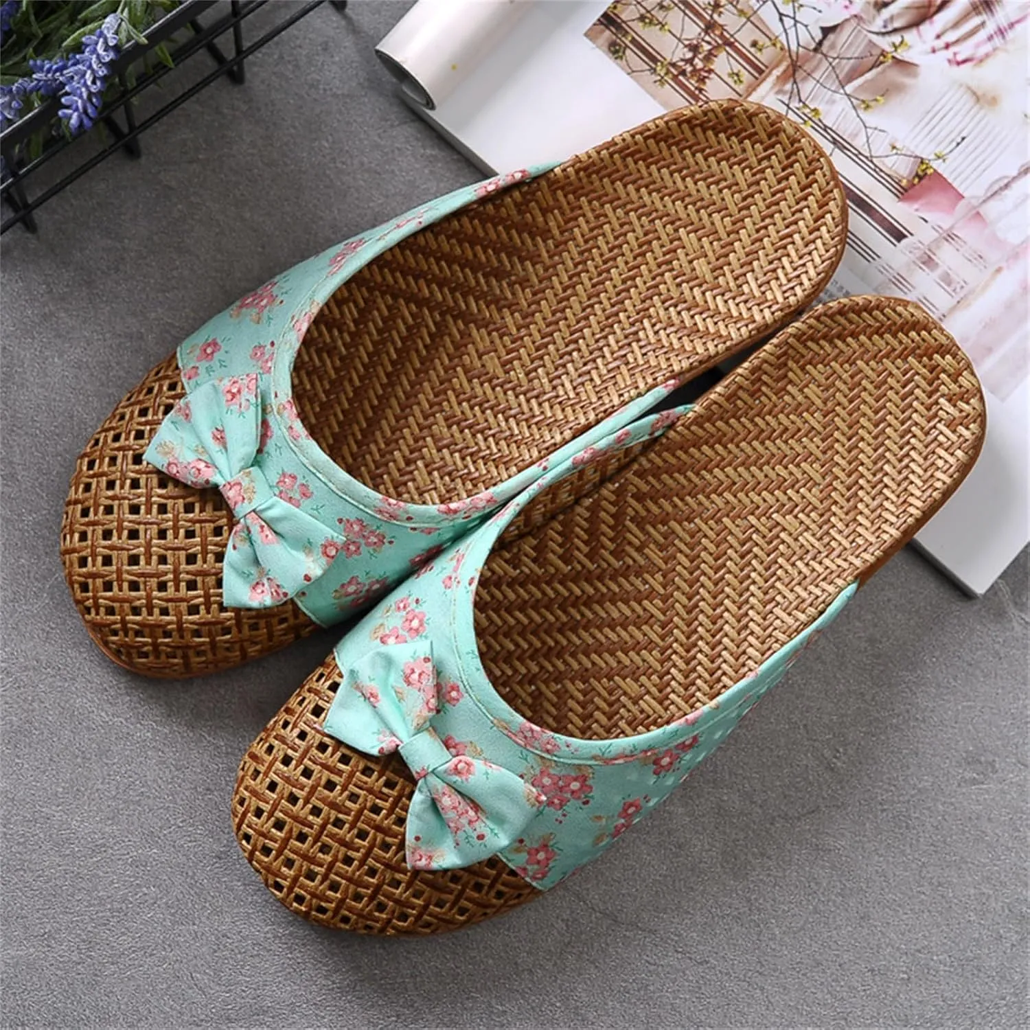 Vine Grass Linen Flax Woven Tatami Anti Slip No Slip Non Skid Breathable Sweat Wicking Bamboo Summer Slide Sandals Closed Toe Indoor Slippers for Women Men Grass Mat Rubber Soles