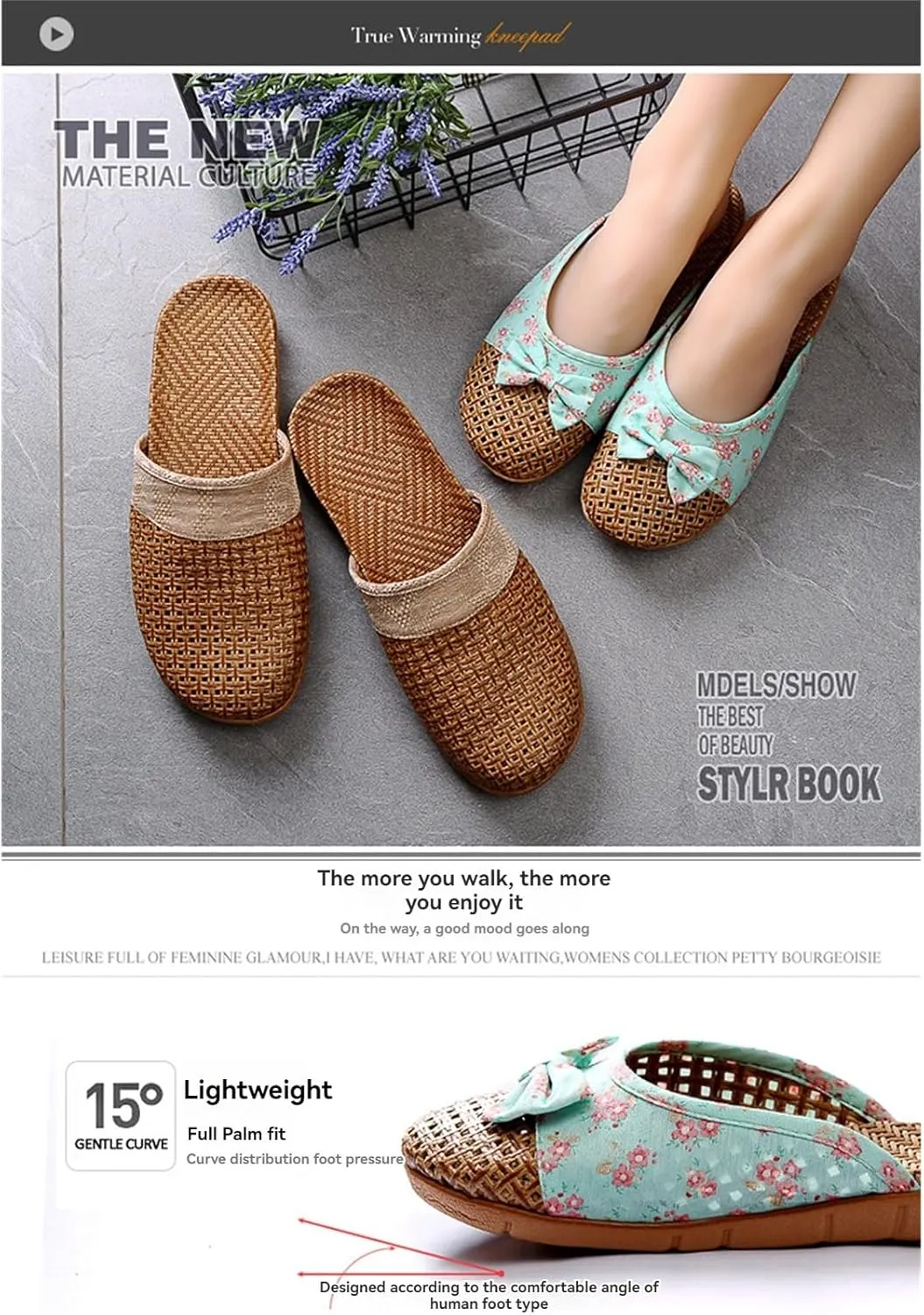 Vine Grass Linen Flax Woven Tatami Anti Slip No Slip Non Skid Breathable Sweat Wicking Bamboo Summer Slide Sandals Closed Toe Indoor Slippers for Women Men Grass Mat Rubber Soles