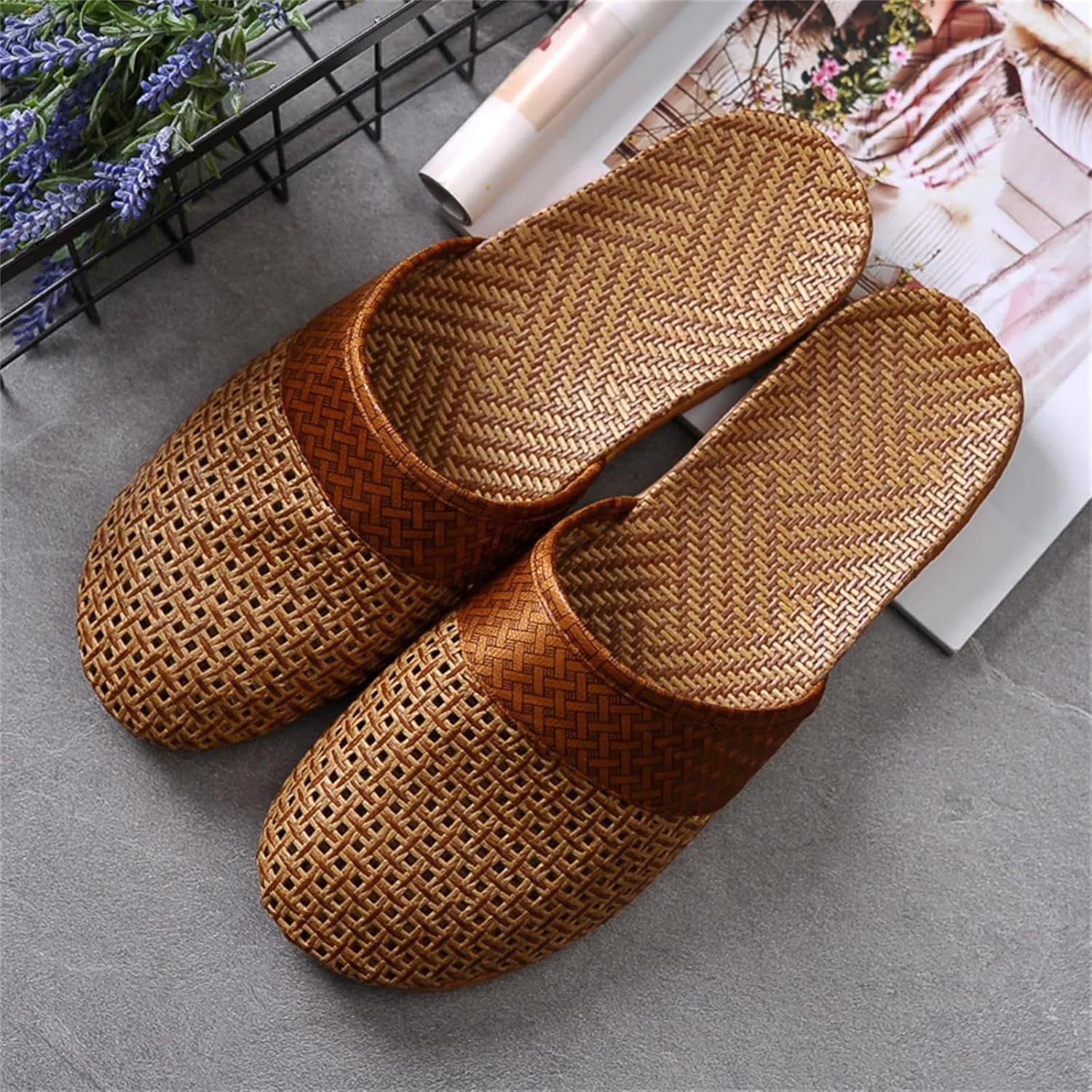 Vine Grass Linen Flax Woven Tatami Anti Slip No Slip Non Skid Breathable Sweat Wicking Bamboo Summer Slide Sandals Closed Toe Indoor Slippers for Women Men Grass Mat Rubber Soles
