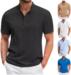 Vintage Henley Shirts for Men Cotton Linen Basic Short Sleeve Tees Baggy Striped Shirt Casual Summer Top Lightweight