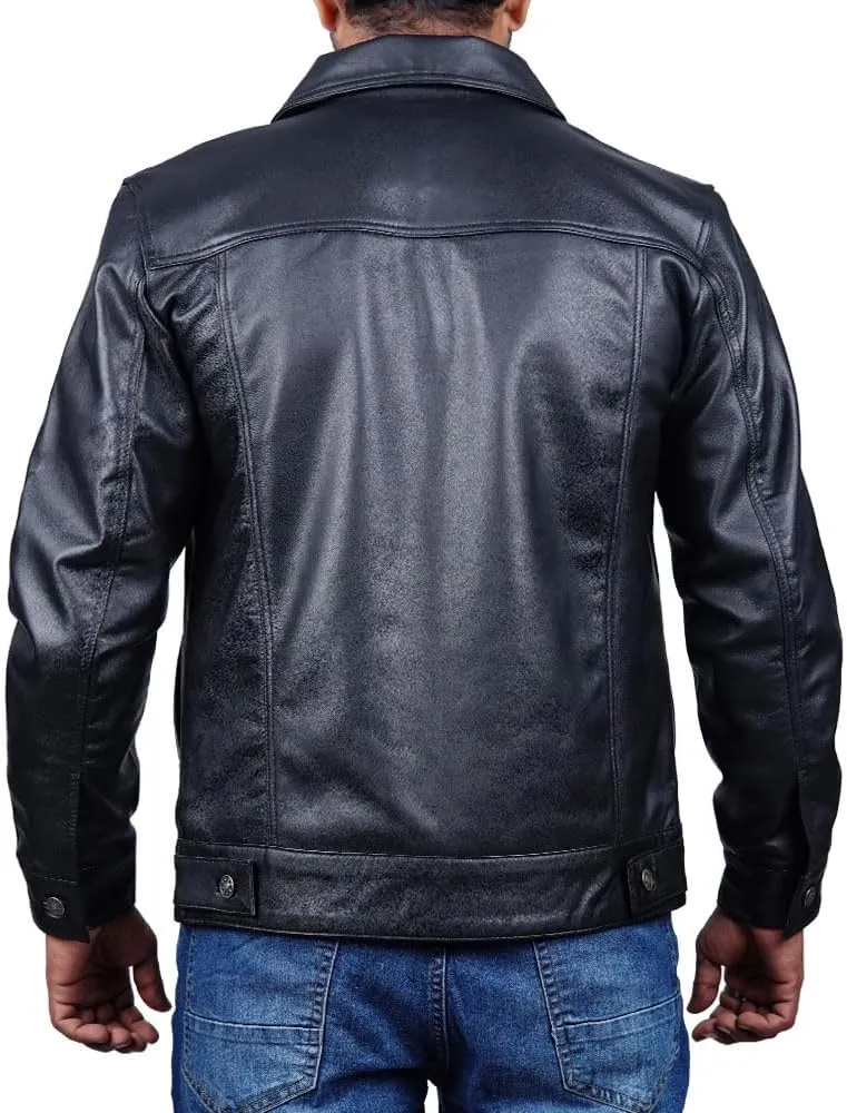Vintage Style Trucker Leather Jacket Men Real Lambskin Vintage Trucker Shirt Collar Mens Leather Jackets