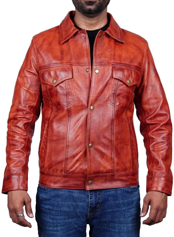 Vintage Style Trucker Leather Jacket Men Real Lambskin Vintage Trucker Shirt Collar Mens Leather Jackets