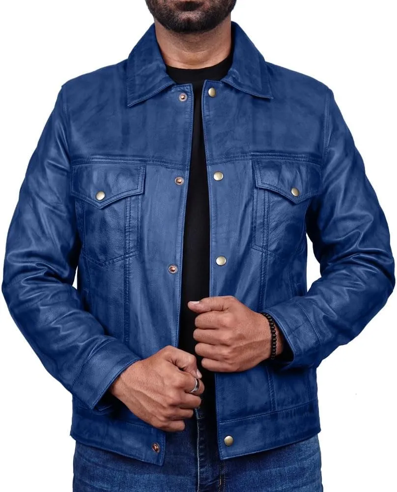 Vintage Style Trucker Leather Jacket Men Real Lambskin Vintage Trucker Shirt Collar Mens Leather Jackets