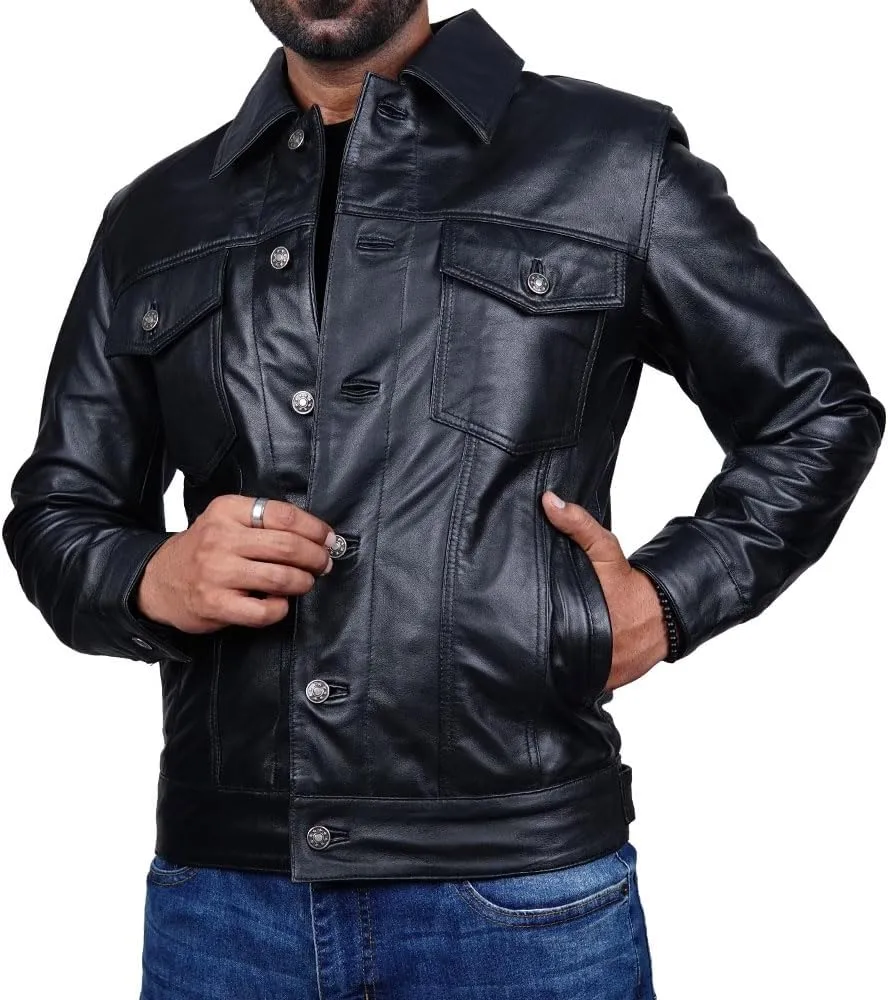 Vintage Style Trucker Leather Jacket Men Real Lambskin Vintage Trucker Shirt Collar Mens Leather Jackets