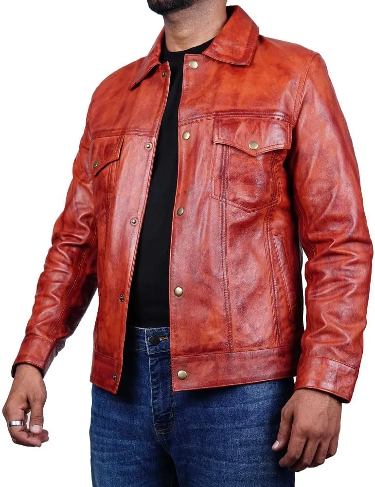Vintage Style Trucker Leather Jacket Men Real Lambskin Vintage Trucker Shirt Collar Mens Leather Jackets