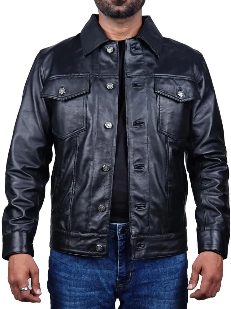 Vintage Style Trucker Leather Jacket Men Real Lambskin Vintage Trucker Shirt Collar Mens Leather Jackets
