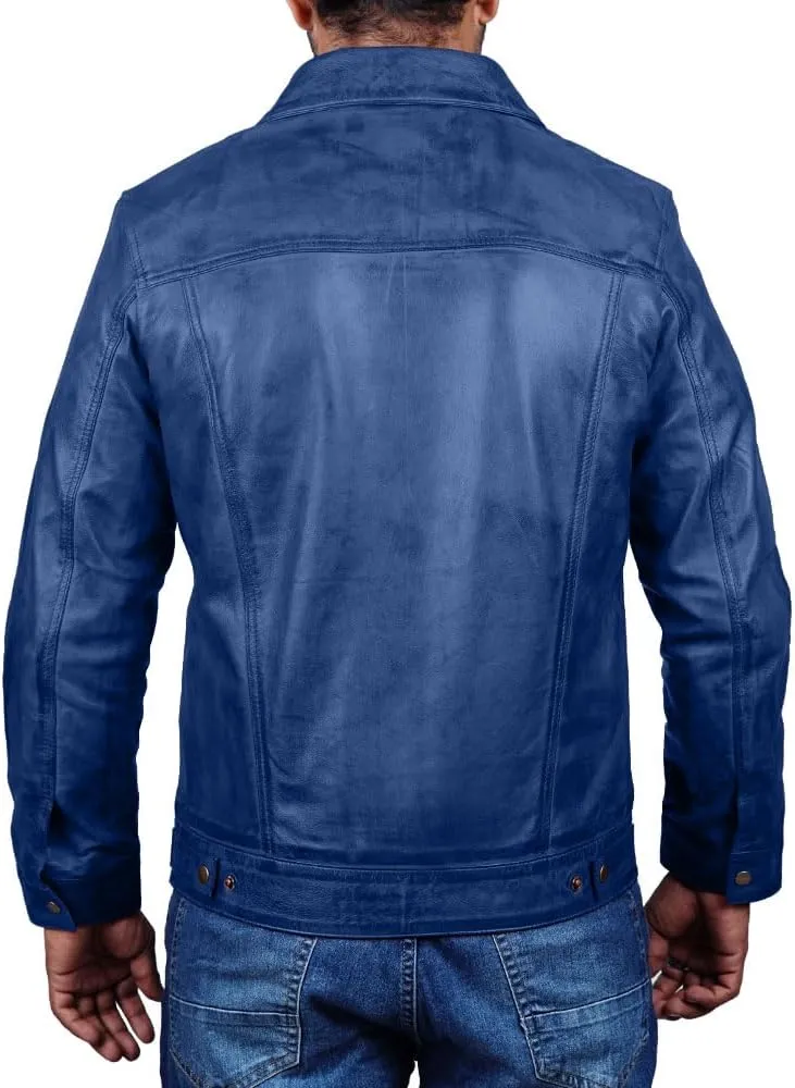 Vintage Style Trucker Leather Jacket Men Real Lambskin Vintage Trucker Shirt Collar Mens Leather Jackets