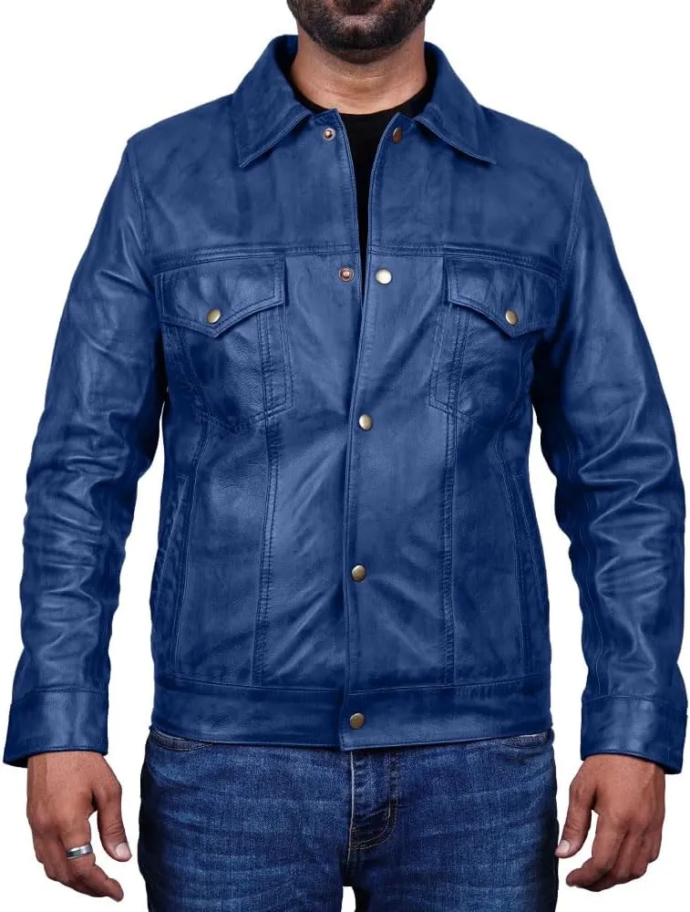 Vintage Style Trucker Leather Jacket Men Real Lambskin Vintage Trucker Shirt Collar Mens Leather Jackets