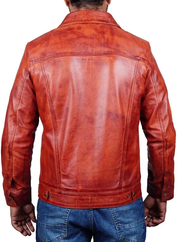 Vintage Style Trucker Leather Jacket Men Real Lambskin Vintage Trucker Shirt Collar Mens Leather Jackets