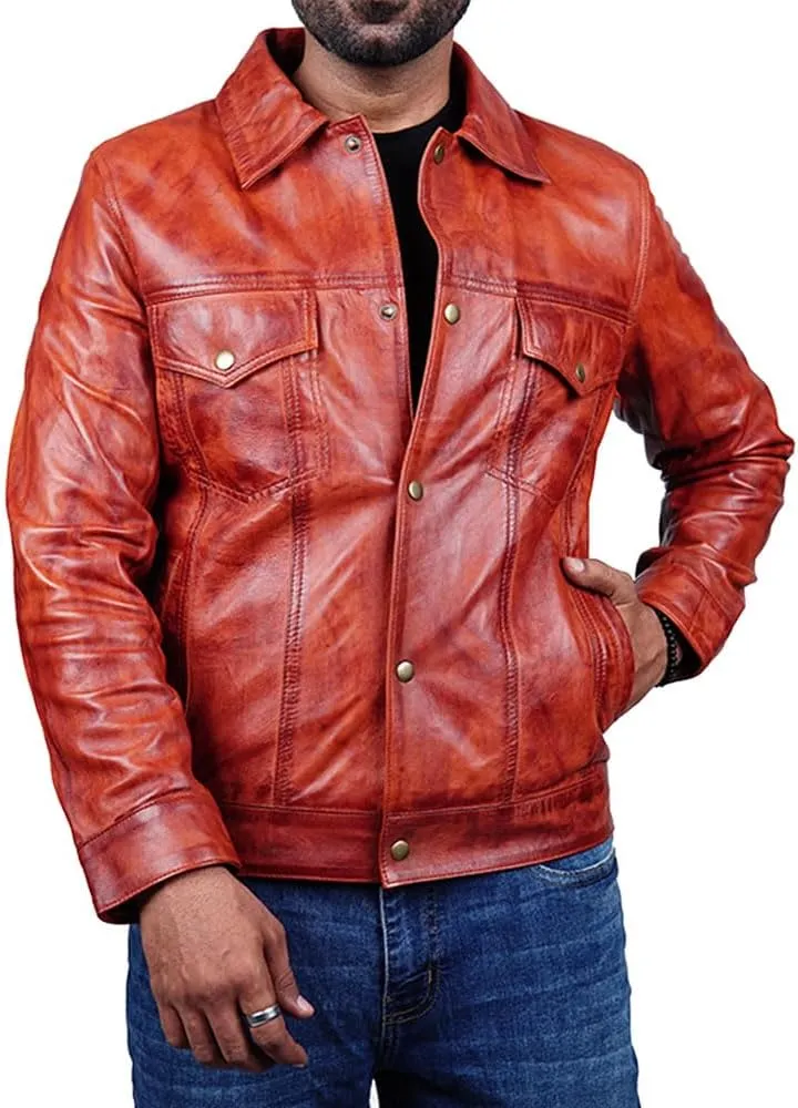 Vintage Style Trucker Leather Jacket Men Real Lambskin Vintage Trucker Shirt Collar Mens Leather Jackets
