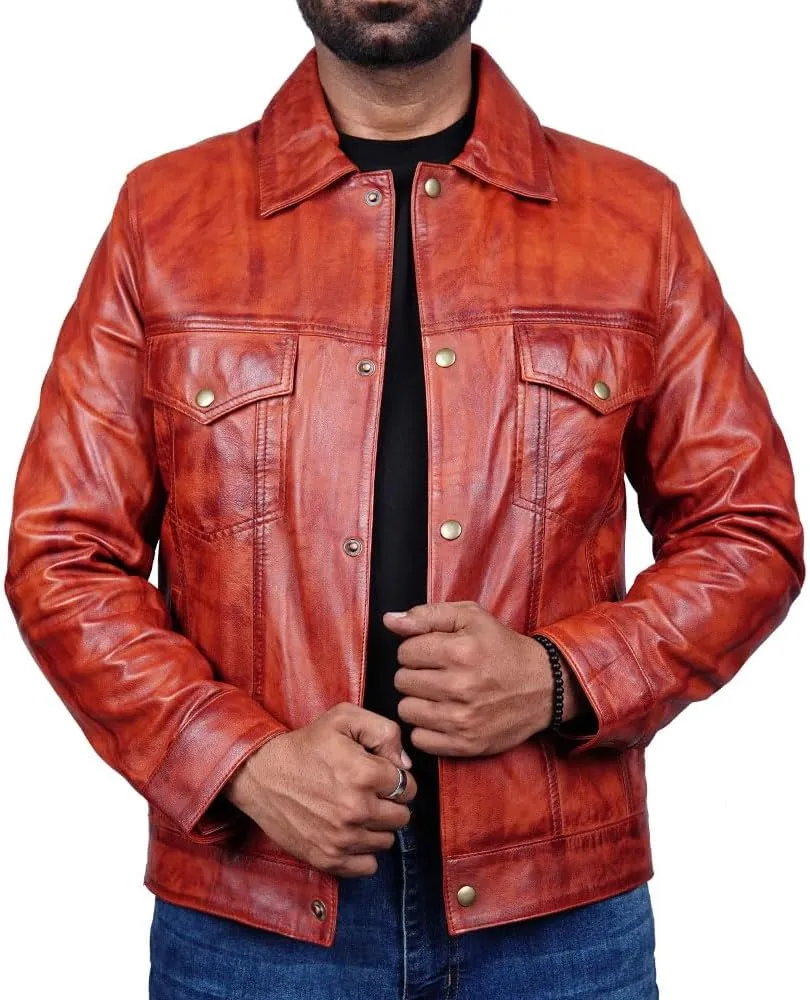 Vintage Style Trucker Leather Jacket Men Real Lambskin Vintage Trucker Shirt Collar Mens Leather Jackets