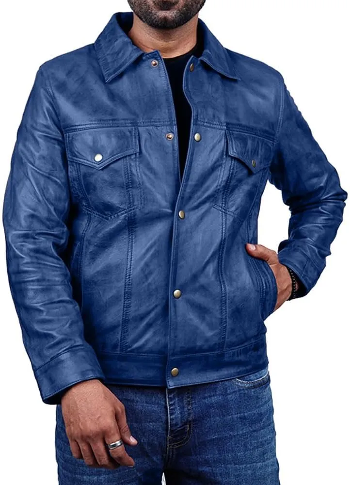 Vintage Style Trucker Leather Jacket Men Real Lambskin Vintage Trucker Shirt Collar Mens Leather Jackets