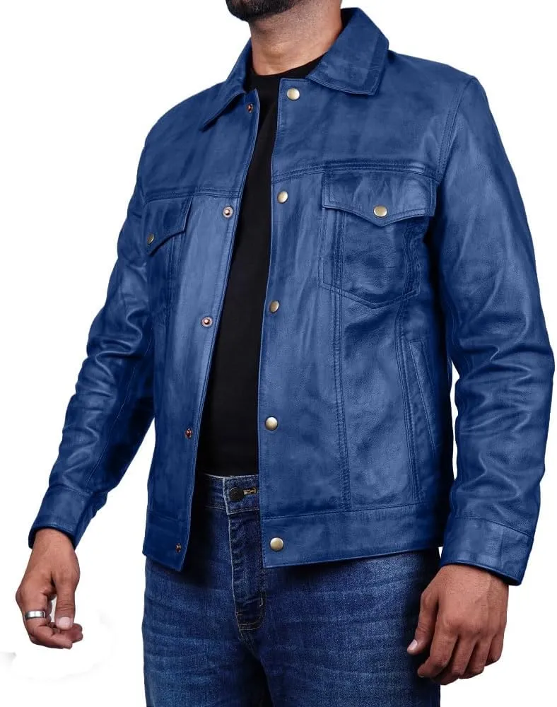 Vintage Style Trucker Leather Jacket Men Real Lambskin Vintage Trucker Shirt Collar Mens Leather Jackets