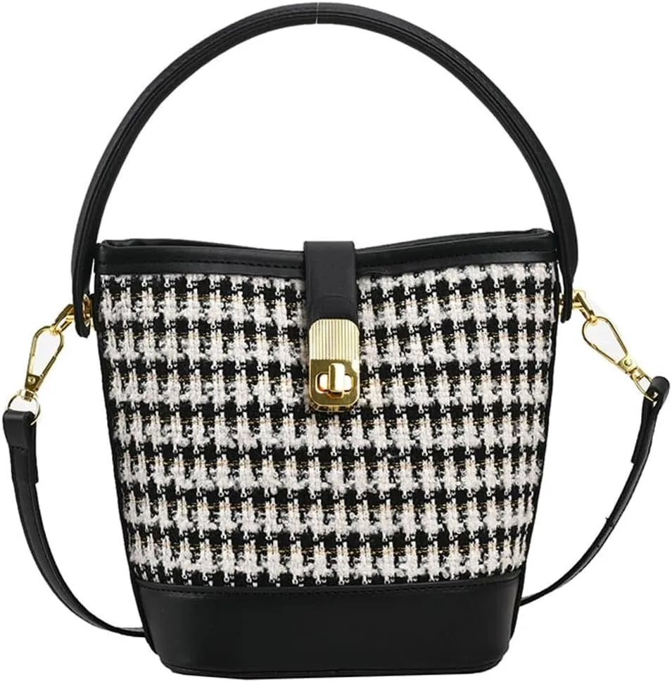 Vintage Suede Bucket Bag for Women Mini Plaid Shoulder Bag Elegant Top-Handle Purse Causal Slouchy Bag with Removable Strap