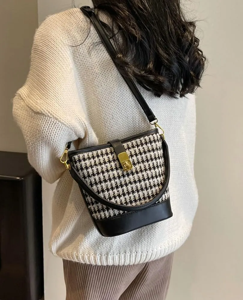 Vintage Suede Bucket Bag for Women Mini Plaid Shoulder Bag Elegant Top-Handle Purse Causal Slouchy Bag with Removable Strap