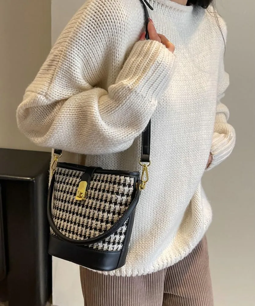 Vintage Suede Bucket Bag for Women Mini Plaid Shoulder Bag Elegant Top-Handle Purse Causal Slouchy Bag with Removable Strap