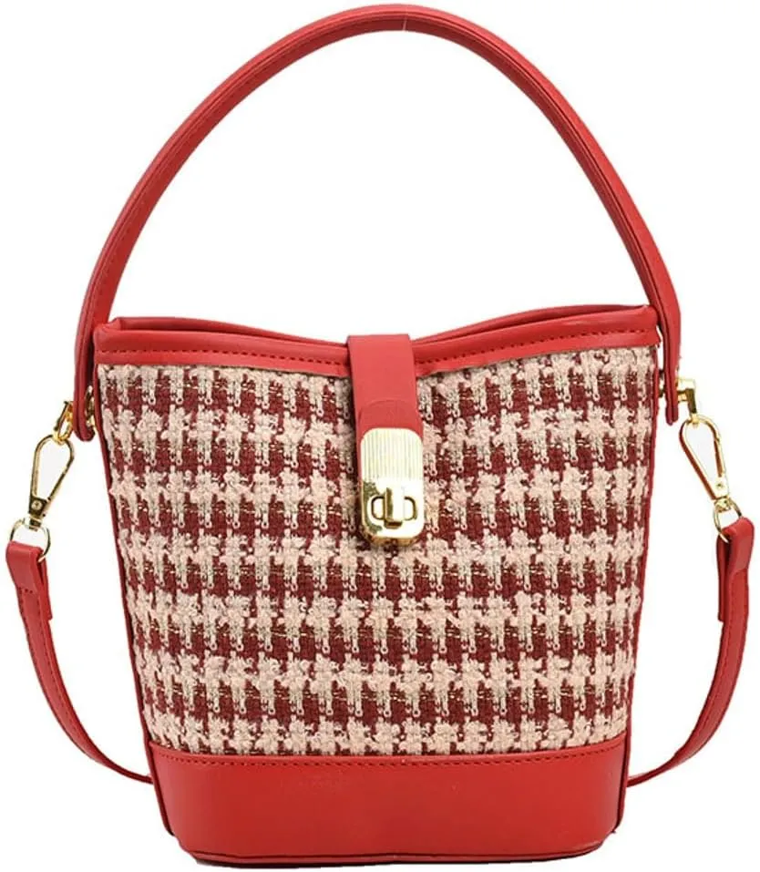 Vintage Suede Bucket Bag for Women Mini Plaid Shoulder Bag Elegant Top-Handle Purse Causal Slouchy Bag with Removable Strap