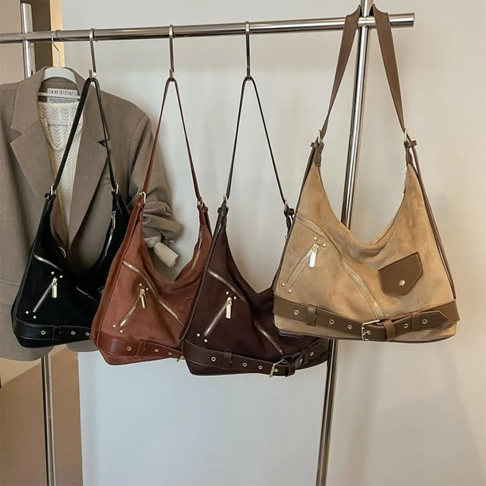 Vintage Suede Hobo Tote Purse, Large Capacity Gothic Fall Slouchy Underarm Shoulder Bag, Retro Casual Satchel Crossbody Bag