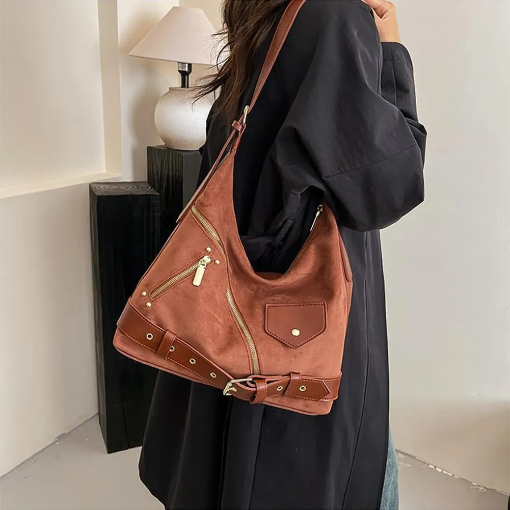 Vintage Suede Hobo Tote Purse, Large Capacity Gothic Fall Slouchy Underarm Shoulder Bag, Retro Casual Satchel Crossbody Bag