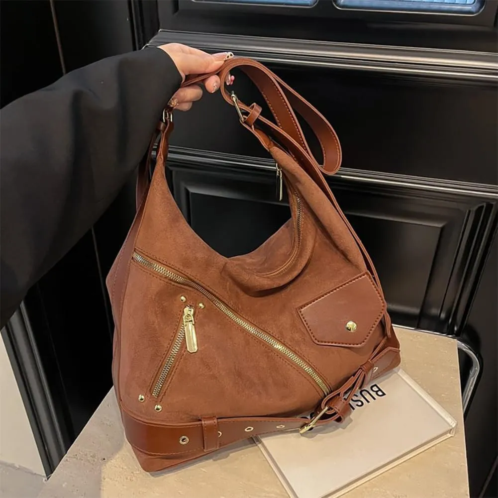 Vintage Suede Hobo Tote Purse, Large Capacity Gothic Fall Slouchy Underarm Shoulder Bag, Retro Casual Satchel Crossbody Bag