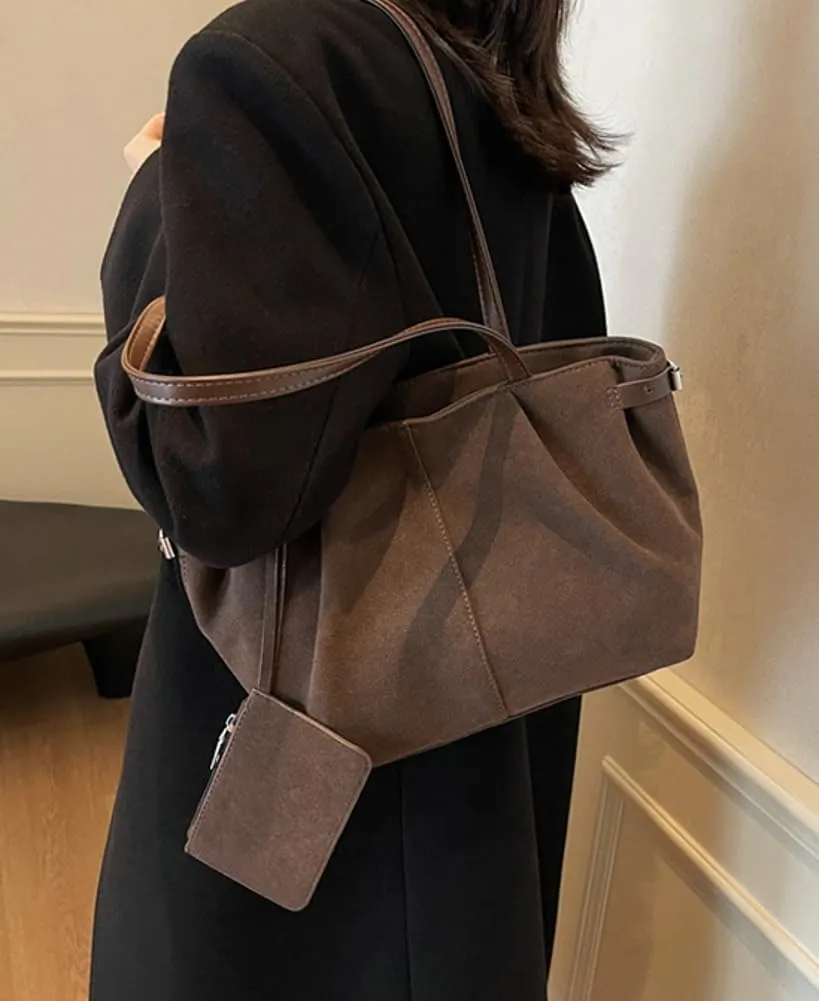 Vintage Suede Tote Bag for Women Satchel Shoulder Bag Underarm Bag Brown Suede Handbag Casual Commute Purse Winter