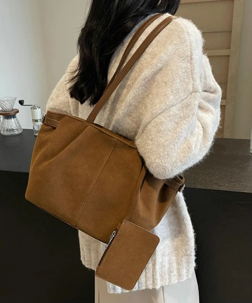 Vintage Suede Tote Bag for Women Satchel Shoulder Bag Underarm Bag Brown Suede Handbag Casual Commute Purse Winter
