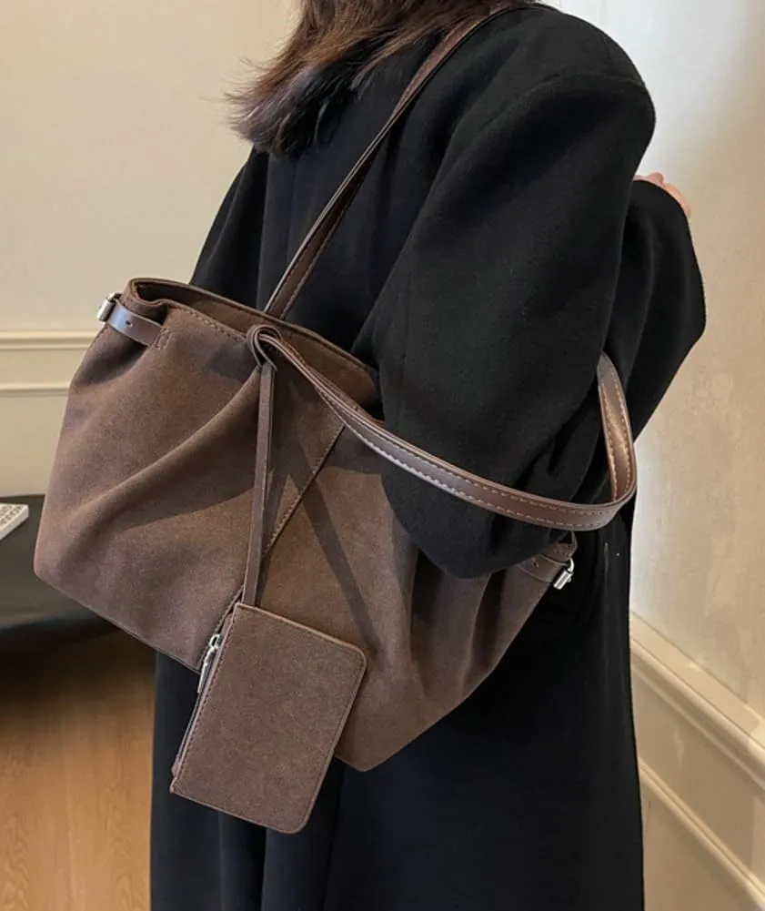 Vintage Suede Tote Bag for Women Satchel Shoulder Bag Underarm Bag Brown Suede Handbag Casual Commute Purse Winter
