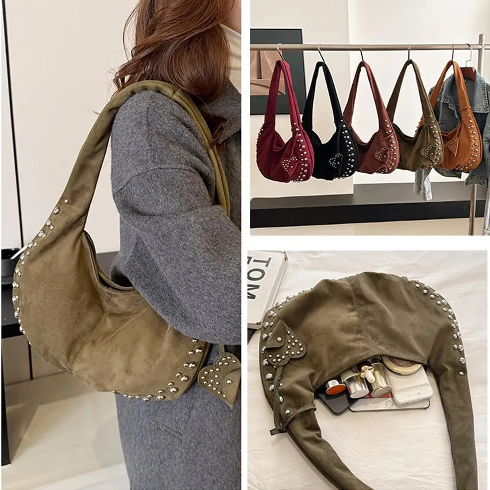 Vintage Suede Y2k Shoulder Bag - Studded Purses Vegan Leather for Fall