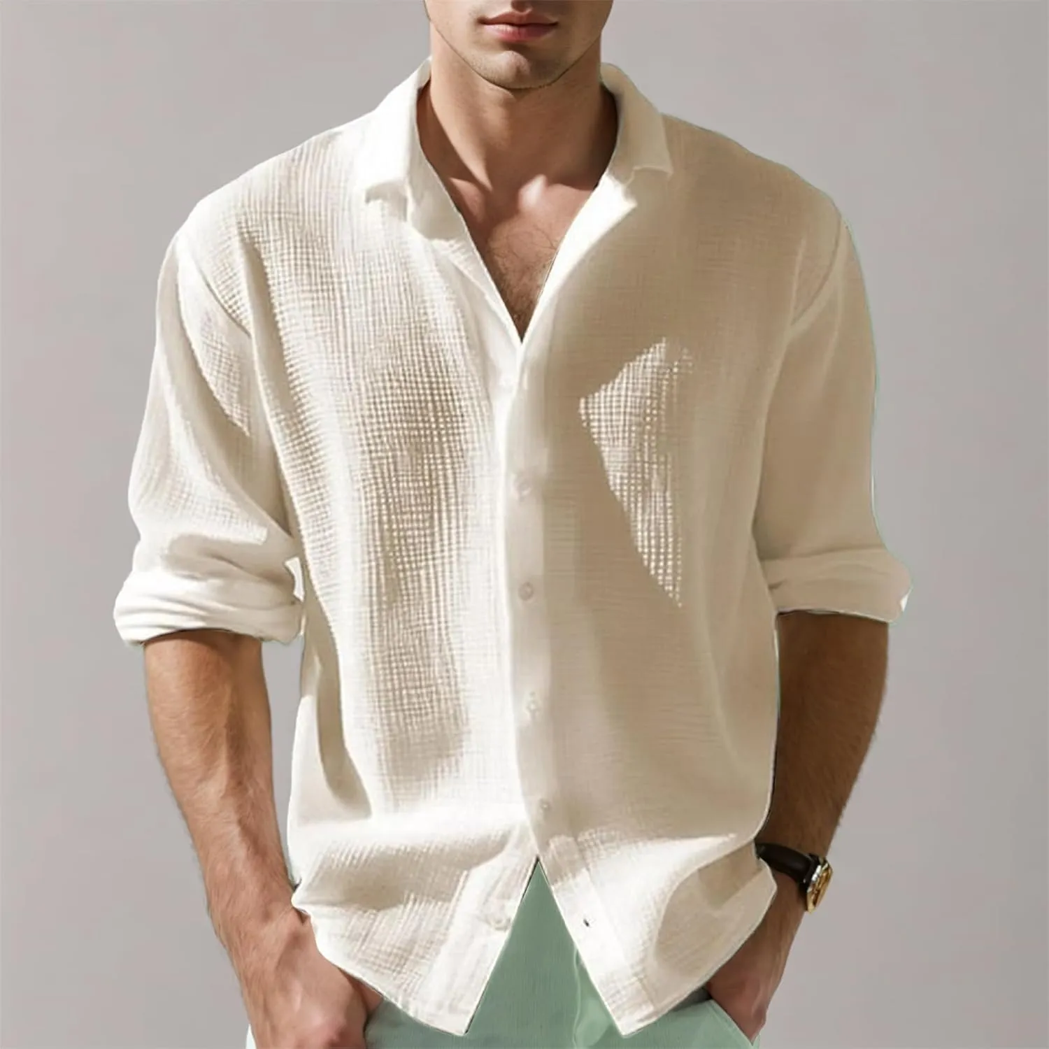 Waffle Knit Long Sleeve Button Down Shirt Men Summer Casual Beach Shirts Dressy Textured Wrinkle-Free Untucked Tops